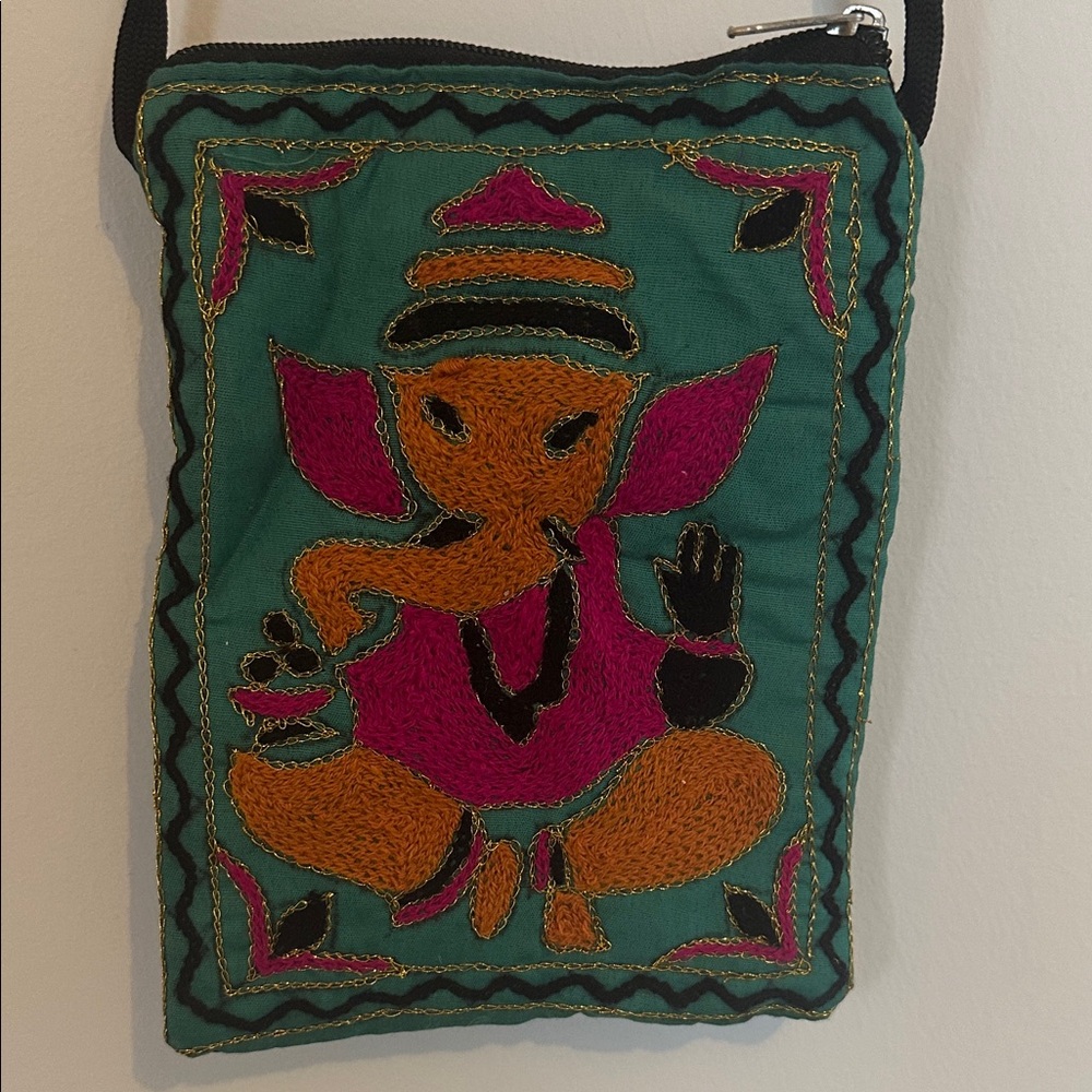 Embroidered Green and Pink Crossbody Elephant Bag from India